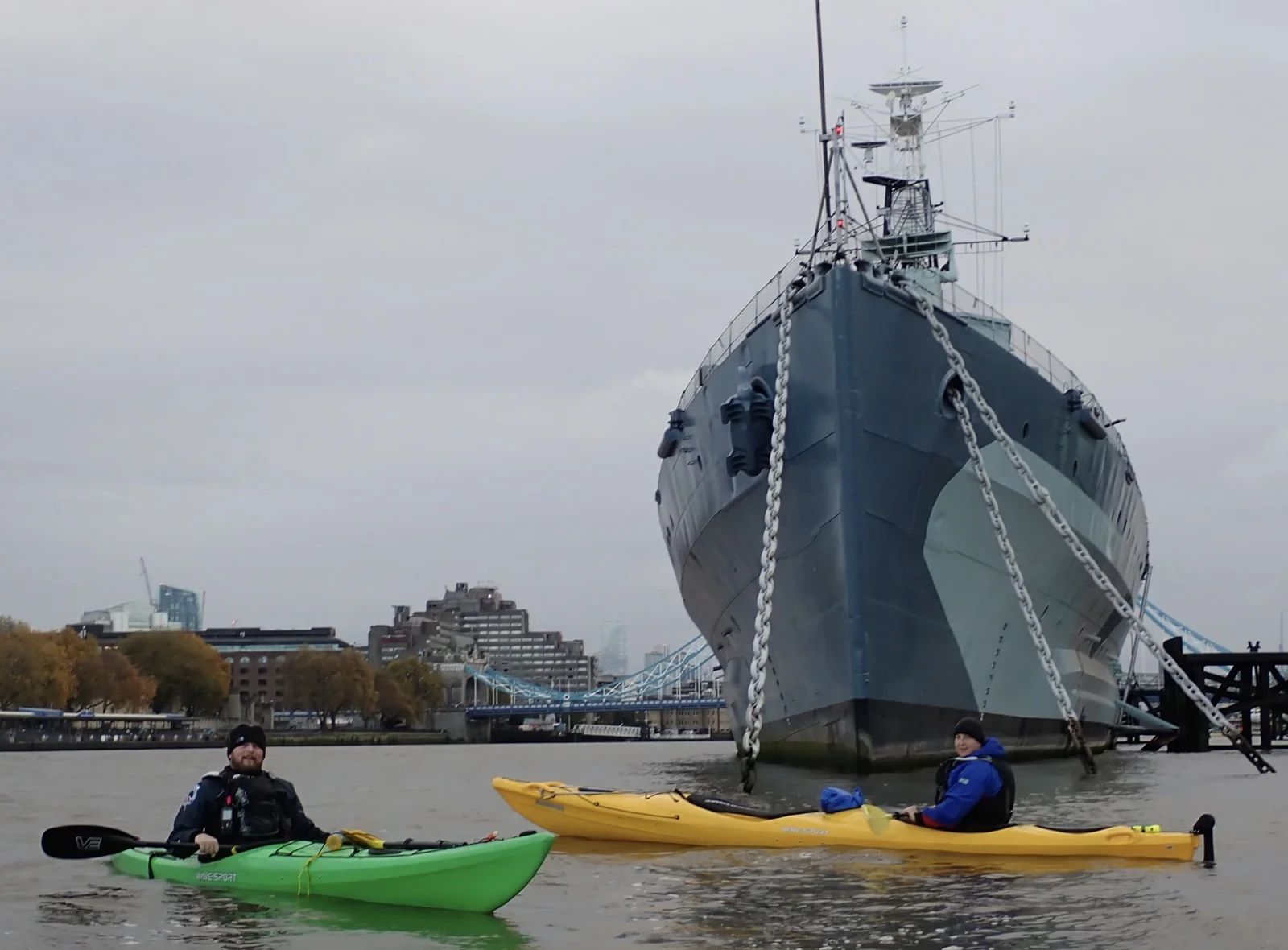 Paddling on the Thames near HMS Belfast